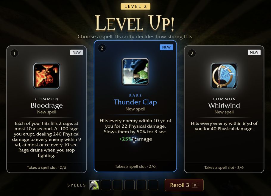 Level 2 offers Bloodrage, Thunder Clap and Whirlwind, with three rerolls shown