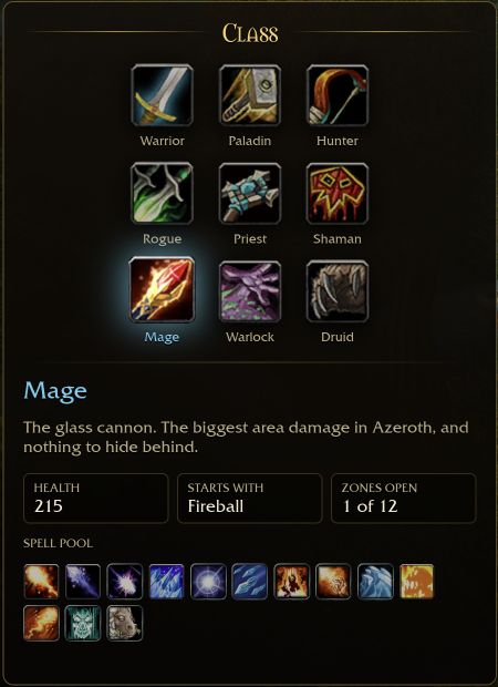 Mage selected among nine classes; Starts with reads Fireball above the spell pool