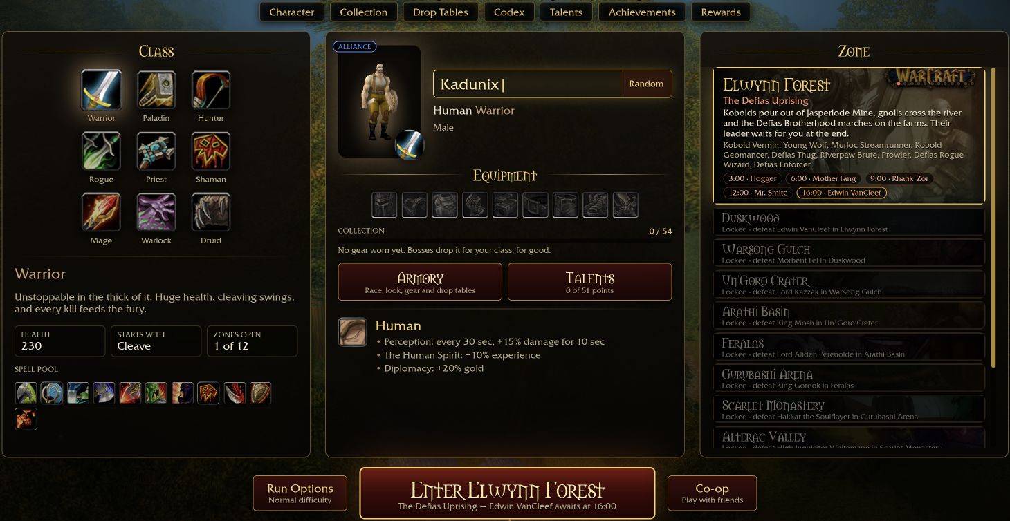 Character menu showing nine classes, Warrior equipment and the Elwynn Forest zone panel